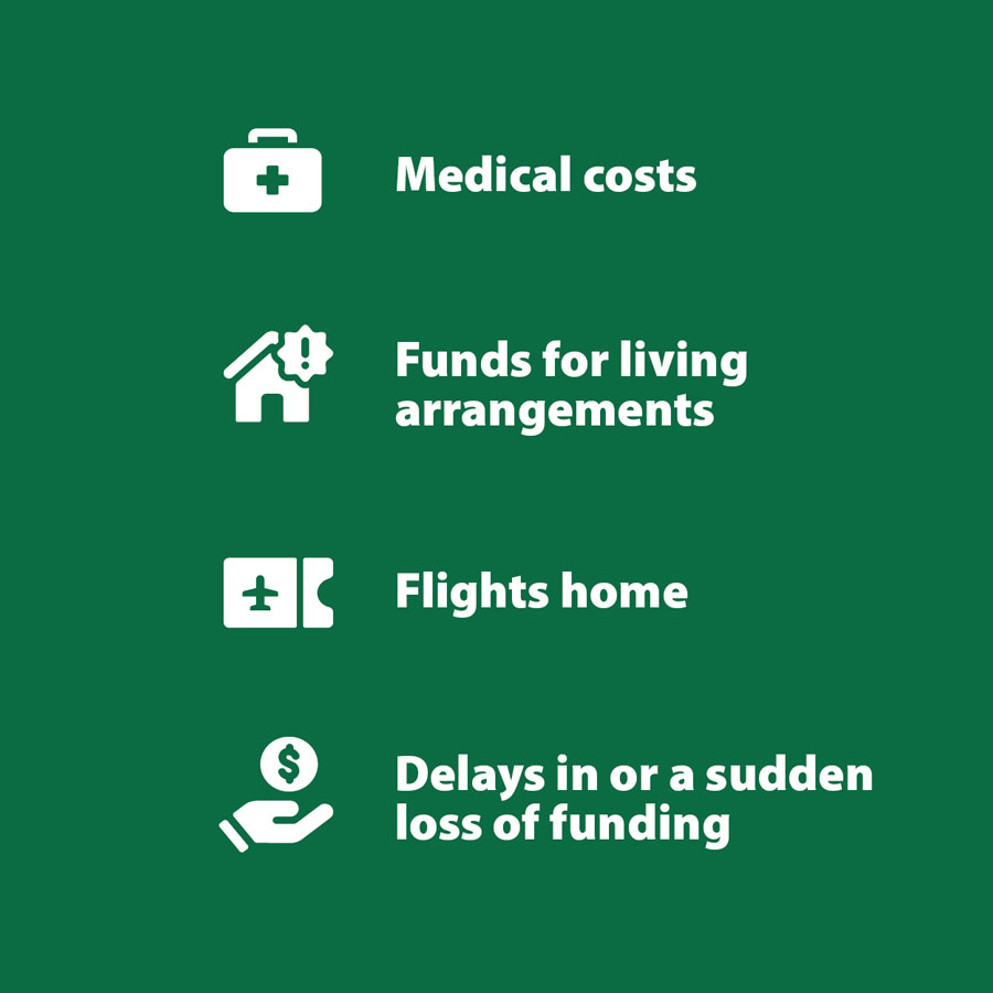 Graphic showing images to represent medical costs, funds for living arrangements, flights home and delays in or a sudden loss of funding.